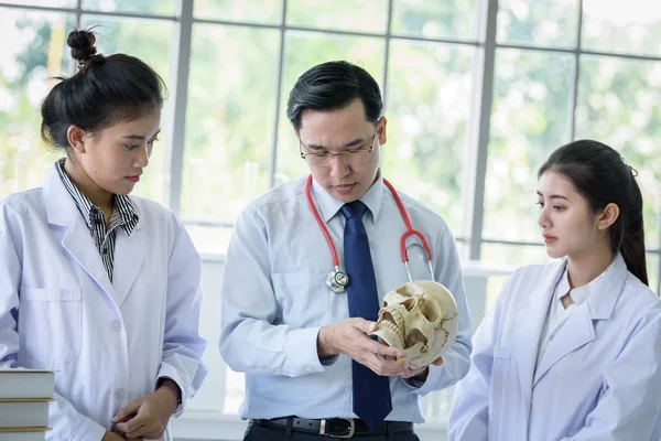 Asiática profesora ha enseñando a los estudiantes acerca de la ciencia y anatómica — Foto de Stock