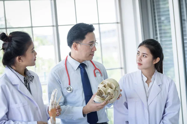 Asiática profesora ha enseñando a los estudiantes acerca de la ciencia y anatómica — Foto de Stock