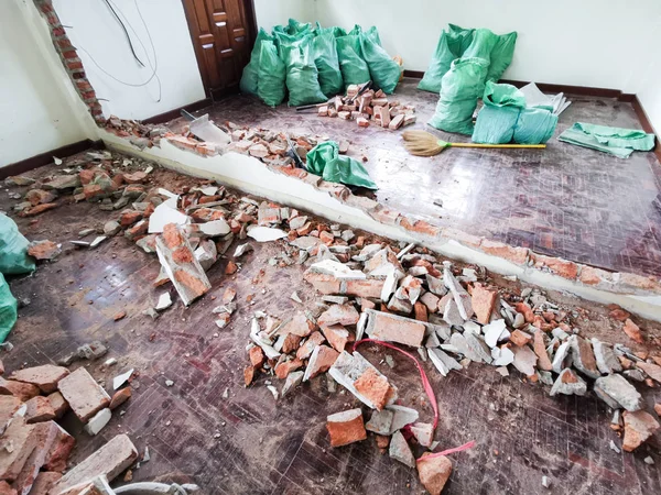 Room and interior and red brick destroyed in the room. — Stock Photo, Image