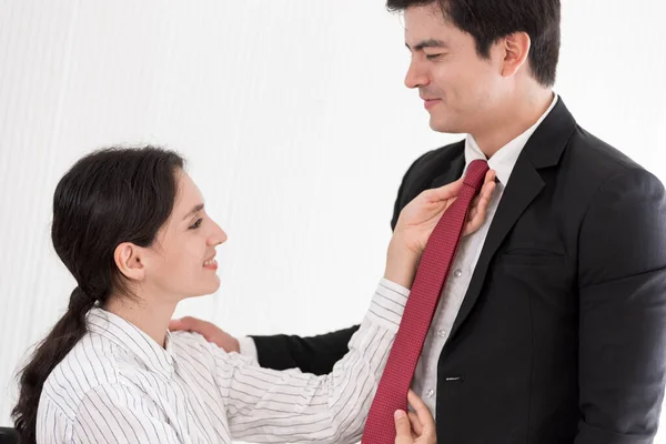 Wife Tying Red Necktie Her Husband Office Smiling Happy — Stock Photo, Image