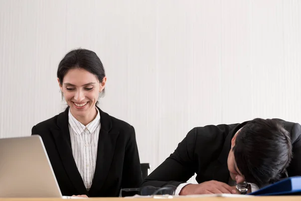 Two Employees Have Lazy Playing Laptop Sleep Office Relaxing Time — Stock Photo, Image