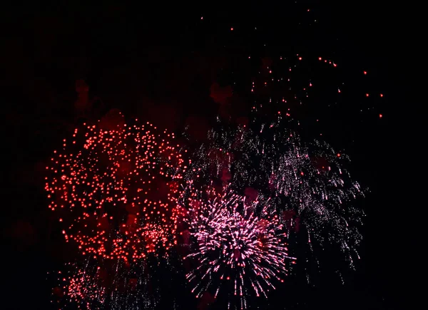 Very cheap firework over the city, red and blue — Stock Photo, Image