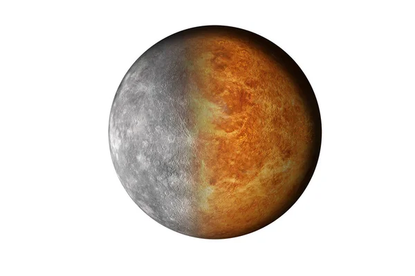 Half planet Mercury with half Venus planet of solar system isolated on white background. Death of the planet. Elements of this image were furnished by NASA.