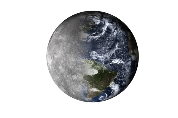 Meio planeta Mercúrio com metade da Terra planeta do sistema solar isolado sobre fundo branco. Morte do planeta. Elementos desta imagem foram fornecidos pela NASA. Para qualquer uso de bolsa . — Fotografia de Stock