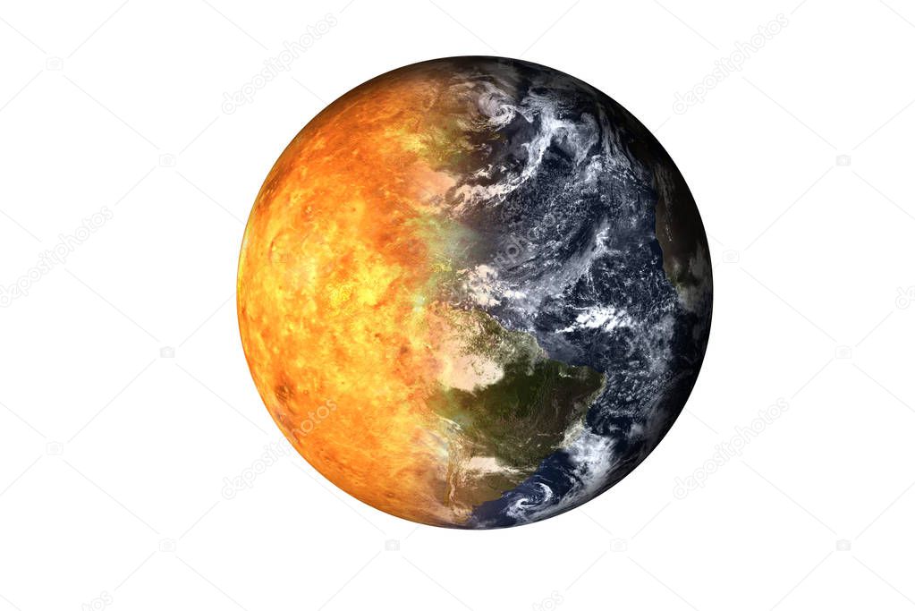 Half planet Earth with atmosphere with half Venus planet of solar system isolated on white background. Death of the planet. Elements of this image were furnished by NASA. For any purprose use.