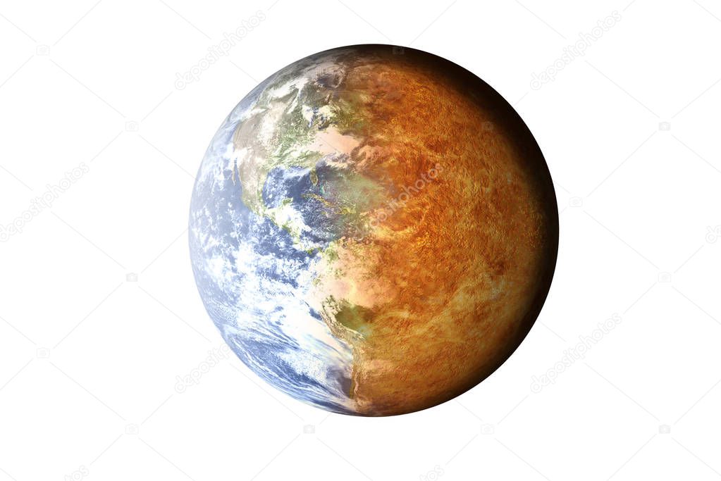 Half planet Earth with atmosphere with half Venus planet of solar system isolated on white background. Death of the planet. Elements of this image were furnished by NASA. For any purprose use.