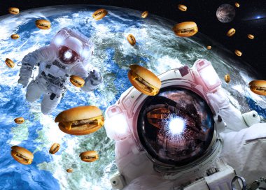 Astronauts in outer space with cheseburgers on the Earth and Marts planets on the background. Elements of this image furnished by NASA clipart