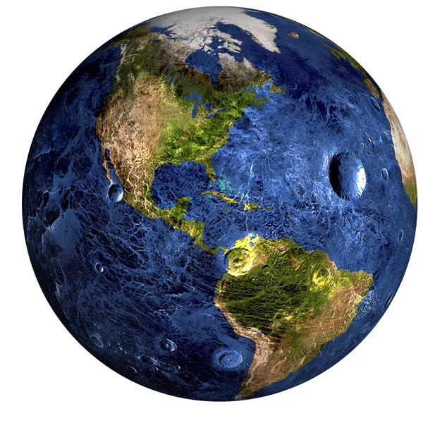 Wereldwijde koeling op de planeet aarde met schaduw van zonnestelsel geïsoleerd op witte achtergrond. Noord-en Zuid-Amerika weergeven. Climat concept. Elementen van deze afbeelding ingericht door NASA. — Stockfoto