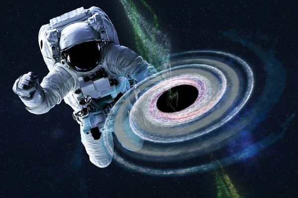 宇航员在五彩斑斓的黑洞附近的某个地方 戏剧性的空间背景 科幻小说 这张照片的内容是由Nasa提供的 — 图库照片