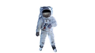 Kaskında siyah cam olan tek bir astronot, beyaz arka planda izole edilmiş. Bu görüntünün elementleri NASA tarafından döşendi.