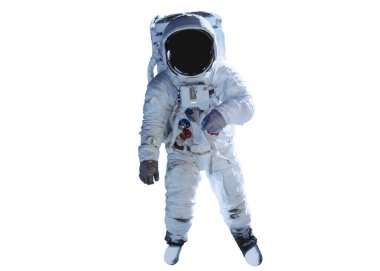 Kaskında siyah cam olan tek bir astronot, beyaz arka planda izole edilmiş. Bu görüntünün elementleri NASA tarafından döşendi.