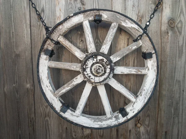 Old Wooden Cart Wheel Gray Wooden Wall High Quality Photo Stock Image