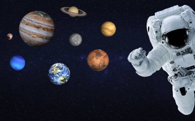 Güneş sistemi gezegenleri yakınlarındaki astronot uzayda birlikte. Dünya, Mars, Venüs, Merkür, Satürn, Jüpiter, Neptün, Plüton. 3 boyutlu duvar kâğıdı. Bu görüntünün elementleri NASA tarafından döşendi.