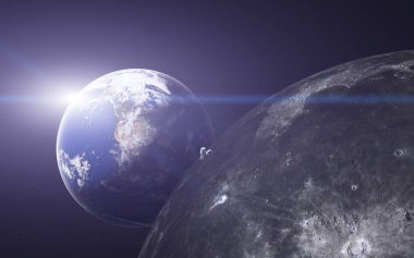 Ay 'a yakın uzak bir astronot ve arka planda Dünya var. Bilim kurgu 3D canlandırması. Bu görüntünün elementleri NASA tarafından desteklendi..