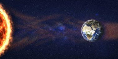 Uzayda güneş fırtınası. Dünya gezegenine güneş radyasyonu akışı. 3 boyutlu resimleme. Bu görüntünün elementleri NASA tarafından döşendi.