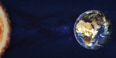 Güneş fırtınası radyasyonu dış uzaydaki Dünya gezegenine akıyor. 3 boyutlu resimleme. Bu görüntünün elementleri NASA tarafından döşendi.
