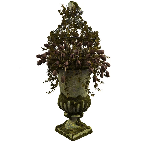 Vieux Vase Classique Recouvert Boue Mousse Avec Des Tulipes Flétries — Photo
