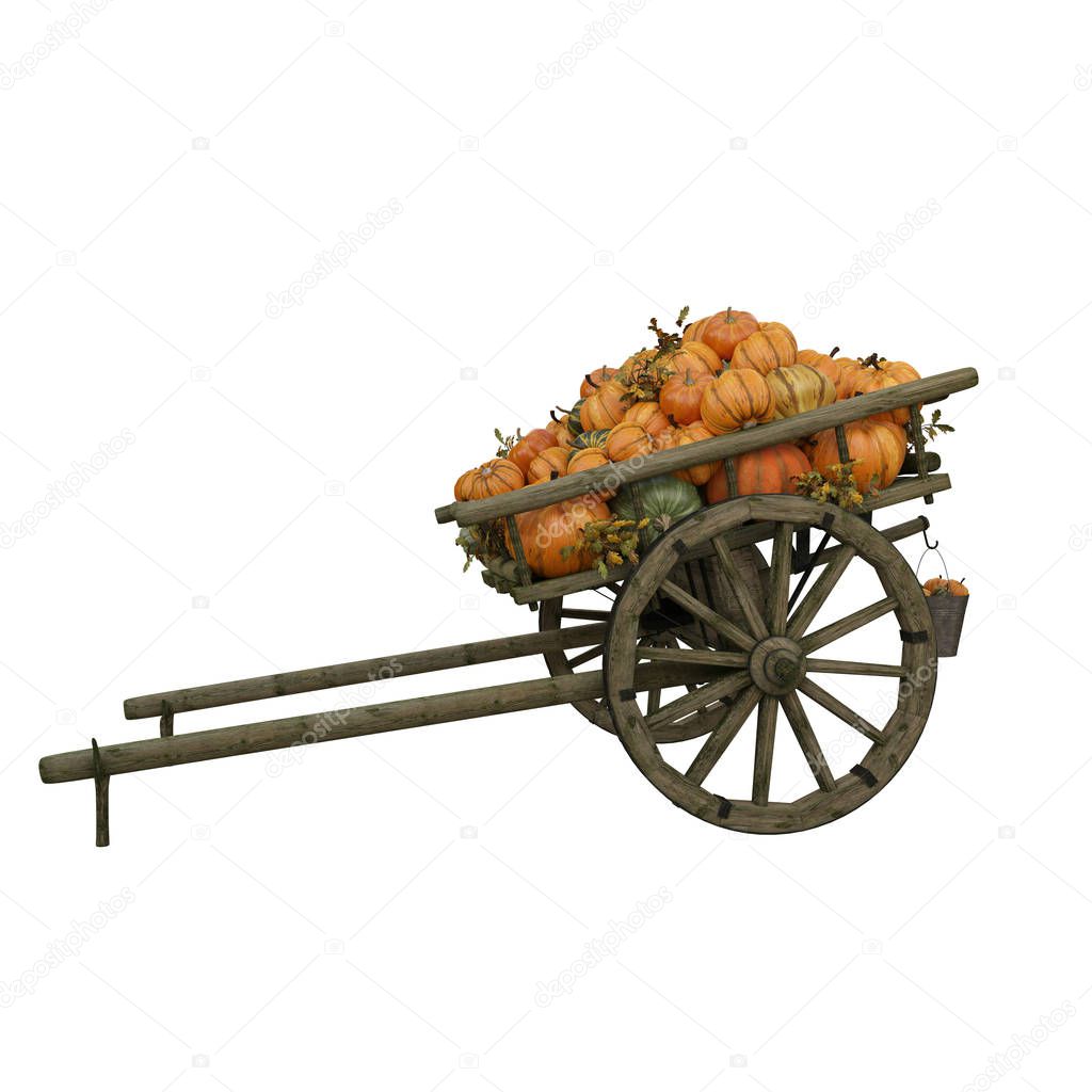 wooden cart with different pumpkins