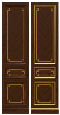 Klasik ahşap panel ve kaplama ve patina altın, 3d render.