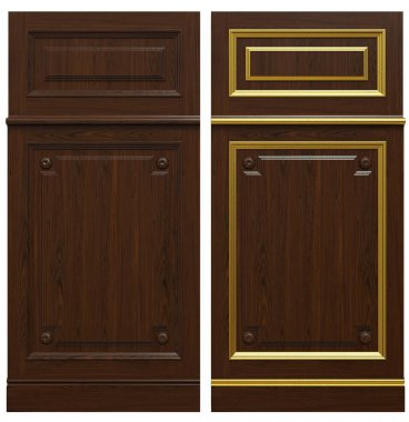 Klasik ahşap panel ve kaplama ve patina altın, 3d render.