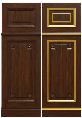 Klasik ahşap panel ve kaplama ve patina altın, 3d render.