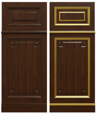 Klasik ahşap panel ve kaplama ve patina altın, 3d render.