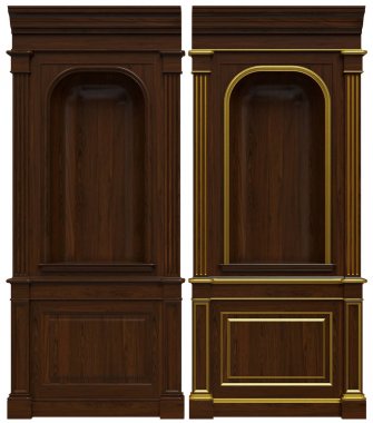 Klasik ahşap panel ve kaplama ve patina altın, 3d render.