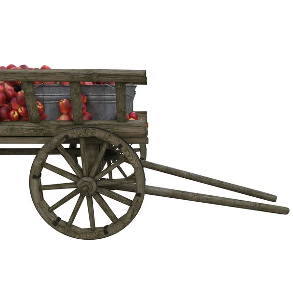 Carrello in legno con mele mature rosse in secchi . — Foto Stock