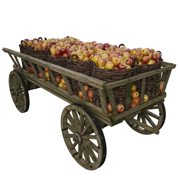Wooden cart with red ripe apples in buckets. — Stock Photo, Image