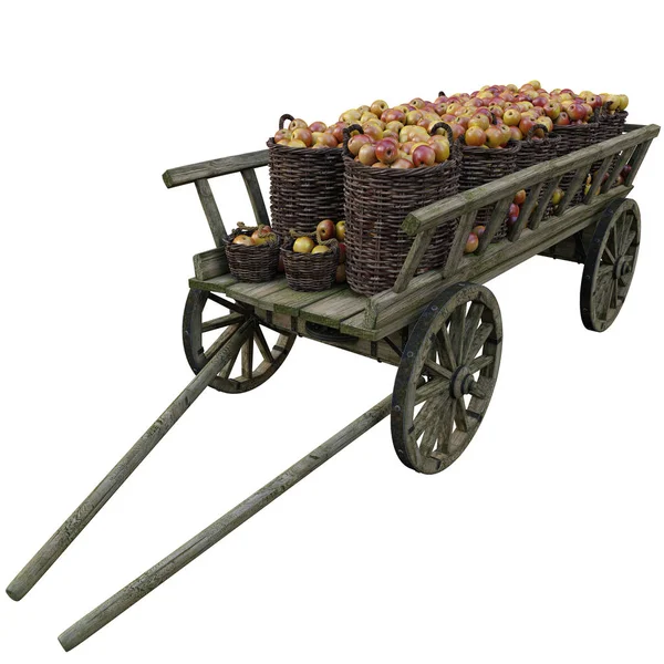Holzwagen mit reifen roten Äpfeln in Eimern. — Stockfoto