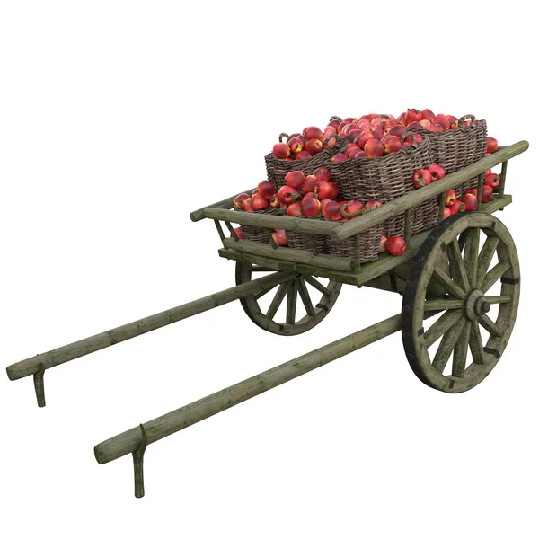 Wooden cart with red ripe apples in buckets. — Stock Photo, Image