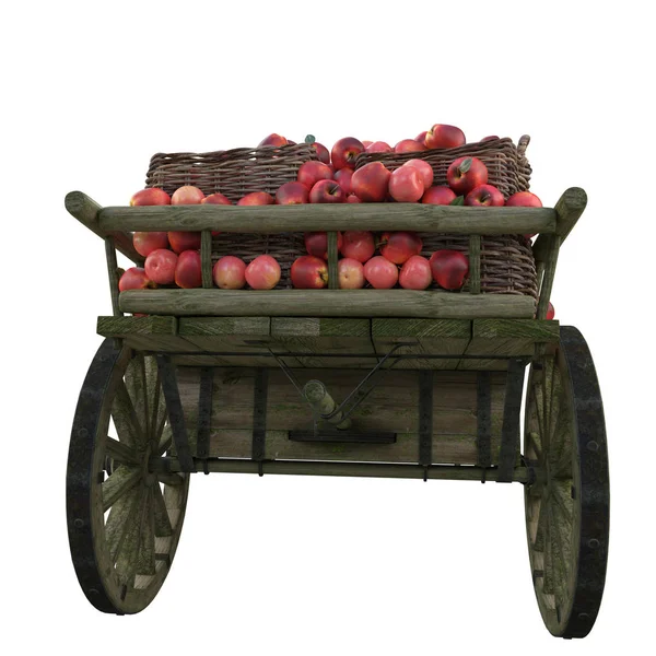 Wooden cart with red ripe apples in buckets. — Stock Photo, Image