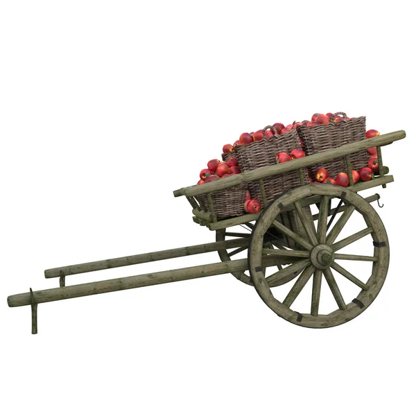 Holzwagen mit reifen roten Äpfeln in Eimern. — Stockfoto