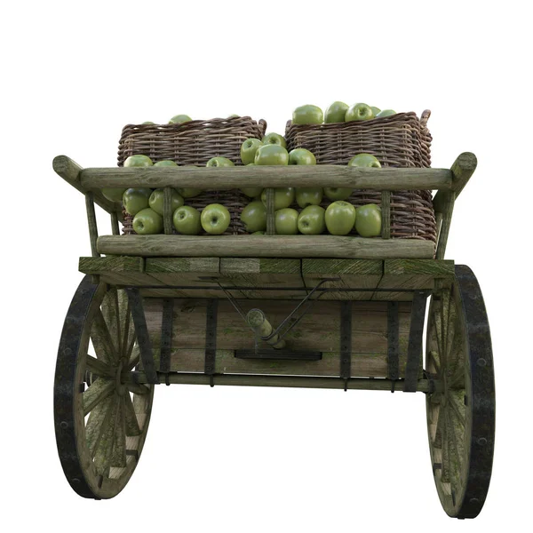 Carro de madera con manzanas verdes maduras en cubos . — Foto de Stock