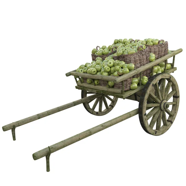 Holzwagen mit grünen reifen Äpfeln in Eimern. — Stockfoto