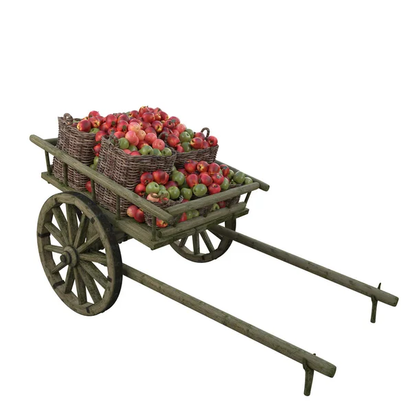 Wooden cart with green ripe apples in buckets. — Stock Photo, Image