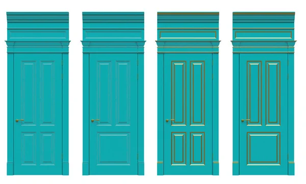 3D klasické dřevěné dveře s litinovými díly, římsami a plošinovkami — Stock fotografie