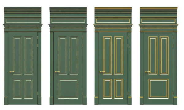 3D obraz klasyczne drewniane drzwi z żeliwa części, gzymsy i platbandy — Zdjęcie stockowe