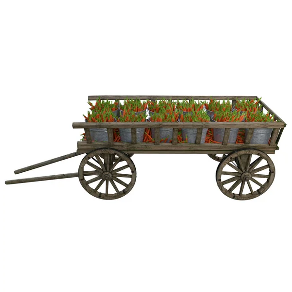 Harvested Carrots Wicker Baskets Wooden Cart — Stock Photo, Image
