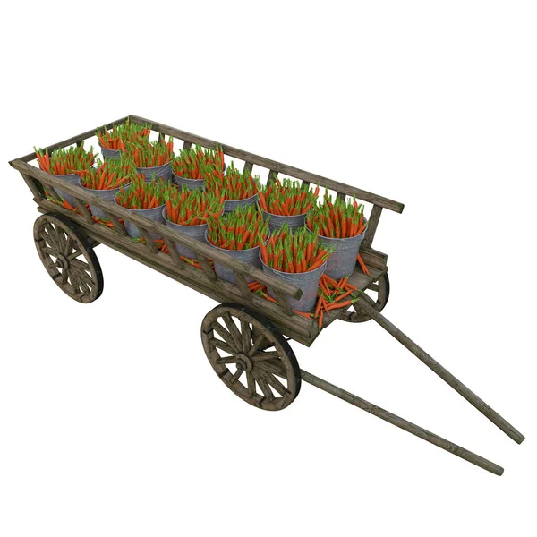 Harvested Carrots Wicker Baskets Wooden Cart — Stock Photo, Image