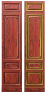 Klasik bilardo odası dolapları için ahşap kaplamalı ve altın elementli ahşap panel.