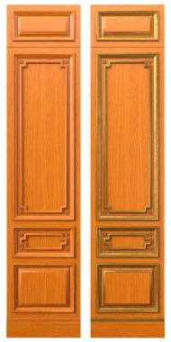 Klasik bilardo odası dolapları için ahşap kaplamalı ve altın elementli ahşap panel.