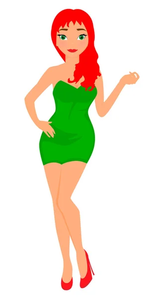 Красивая Красная Девушка Зеленом Платье Векторная Иллюстрация Персонаж Мультфильма — стоковый вектор