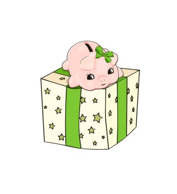 Hediye kutusu üzerinde kumbara. Vektör çizim. Sunar. Kartpostal.