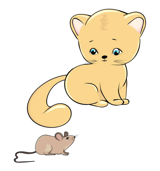 Het Kitten Wordt Gekeken Naar Muis Leuk Katje Vectorillustratie — Stockvector