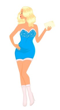 Güzel sarışın mavi elbiseli. Metninizle birlikte kart.