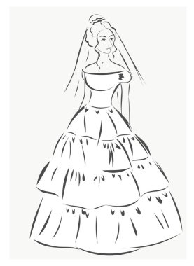 Gelin elbiseli kız. Sevimli gelin. Vektör çizimi. 