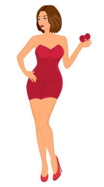Valentine ile Kırmızı elbiseli güzel kız. Vektör çizim.