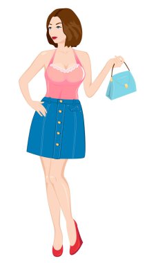 Bir çanta ile güzel kız. Kız bir kot etek ve pembe bir üst giyiyor.