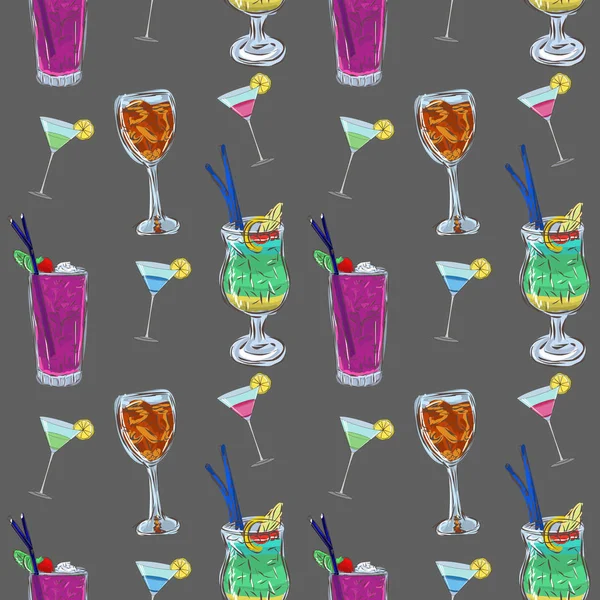 Nahtlose Florale Muster Mit Getränken Abstrakter Vektorhintergrund Mit Cocktails — Stockvektor